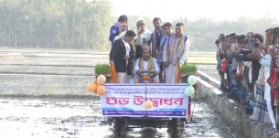 তজুমদ্দিনে রাইস ট্রান্সপ্লান্টারের মাধ্যমে ধানের চারা রোপন কাজের উদ্বোধন