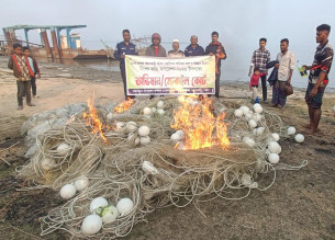 লালমোহনে লক্ষাধিক টাকার অবৈধ জাল  জব্দ করে আগুনে পুড়িয়ে ধ্বংস